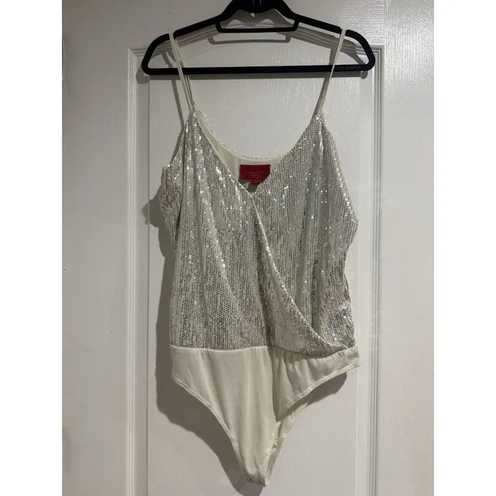 NWT Jennifer Lopez XLarge Sequin Cream/Silver Wrap Bodysuit Shirt